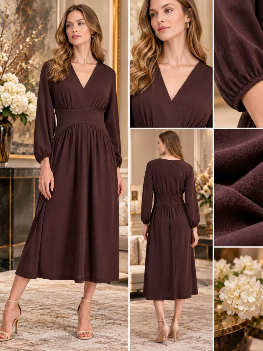 Anne Klein Molasses Brown V Neck Blouson Sleeve Midi Dress Size 16 NWT Office